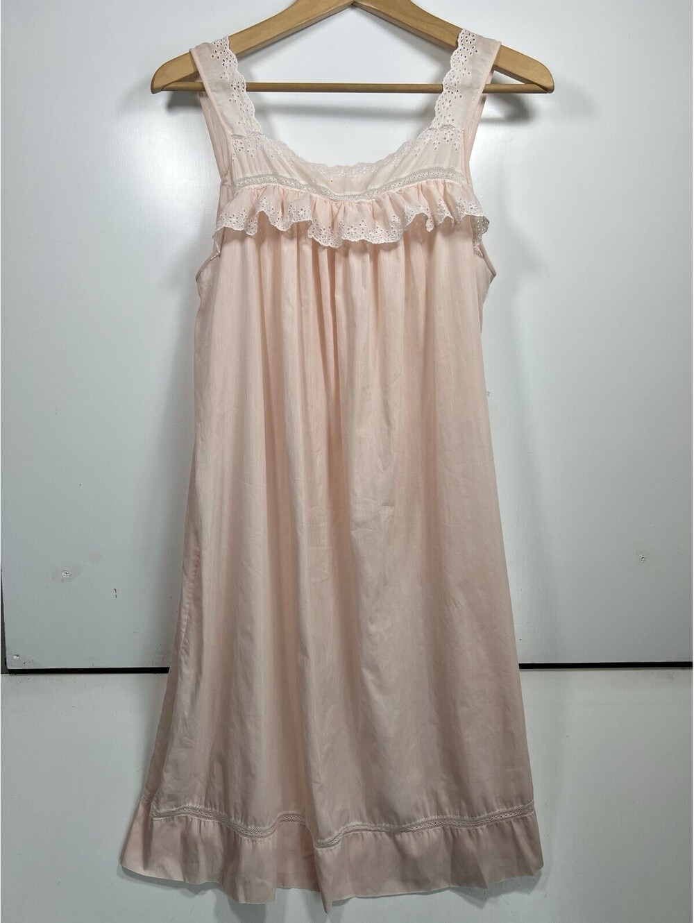 Vintage 100% Cotton Lace Eyelet Cottagecore Dress Nightgown Slip Pink Sz M